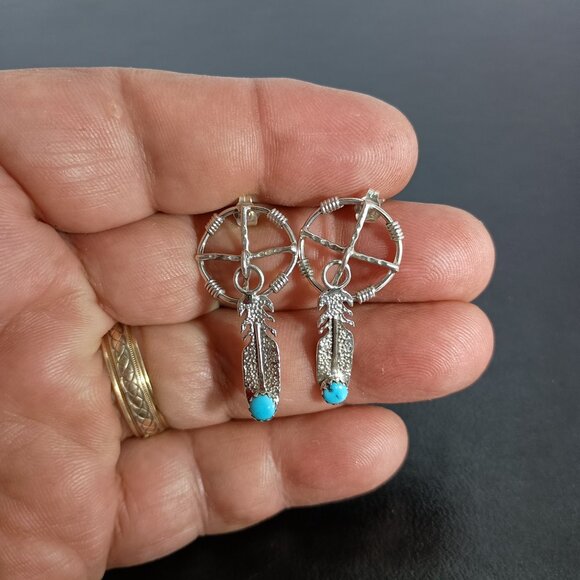 Native America Navajo Sterling Silver Turquoise Post / Dangling Feather Earrings - Picture 6 of 7
